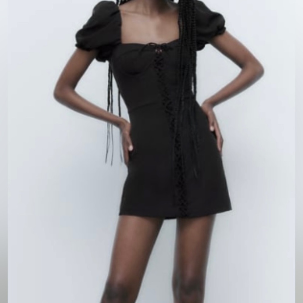 Zara Black Puff-Sleeve Mini Dress